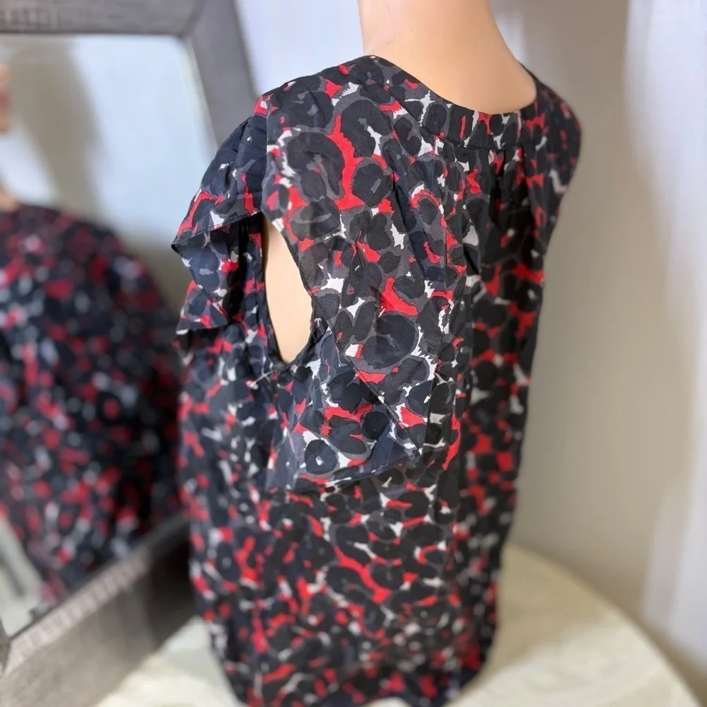 Michael Kors Black and Red Ruffled Cap Sleeve Blouse